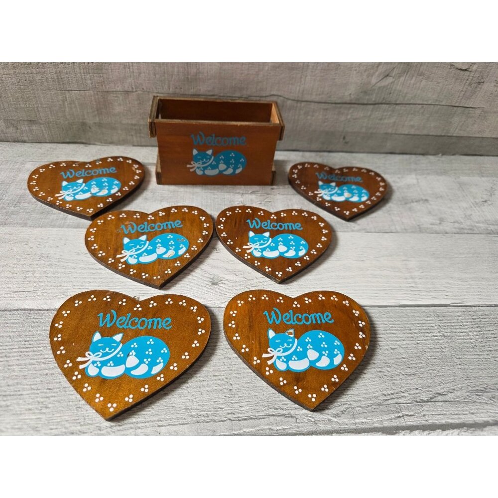 Natural Wooden Heart Coaster Set With Cat Design & Box